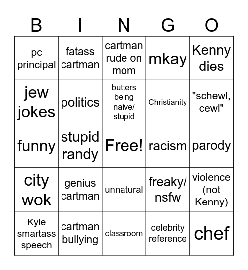 South Park Bingo Card