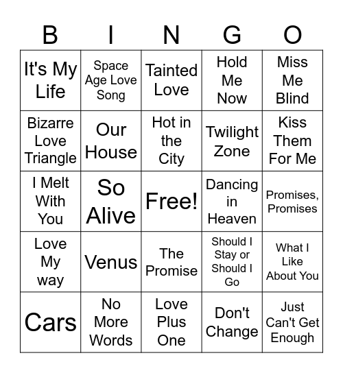 New Wave 80's Bingo Card