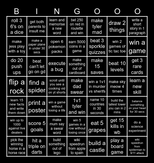 Challenges for the evening Bingo Card