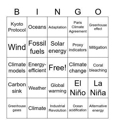 Climate Change Vocabulary Bingo Card