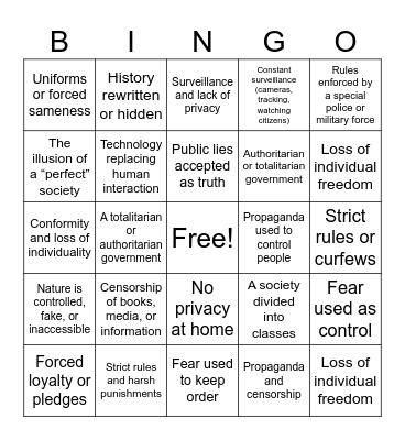 Dystopian Bingo Card