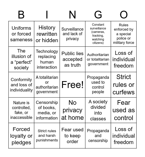 Dystopian Bingo Card