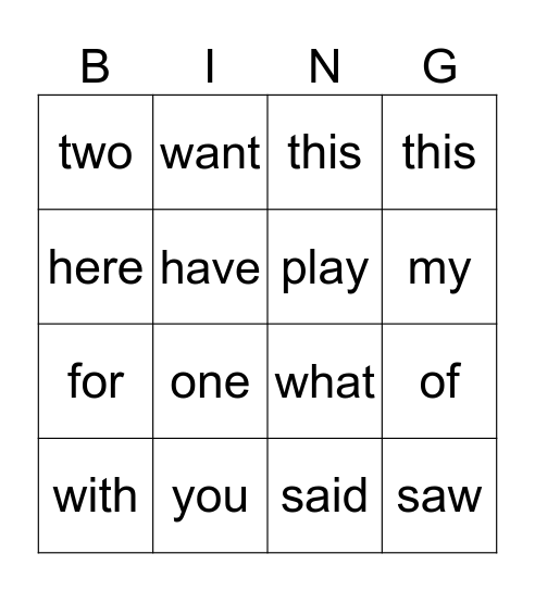 Sight Word Level 2 Bingo Card