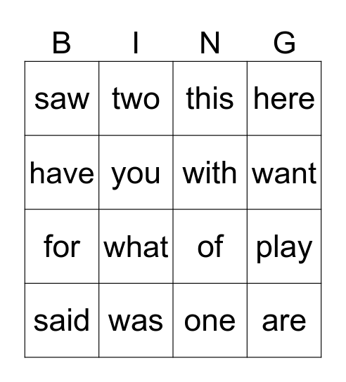 Sight Word Level 2 Bingo Card
