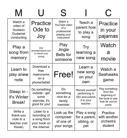 Winter Break Challenge Bingo Card
