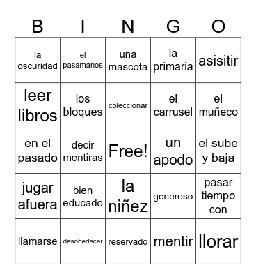Vocabulario Unidad 4 Bingo Card