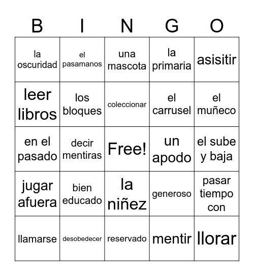 Vocabulario Unidad 4 Bingo Card
