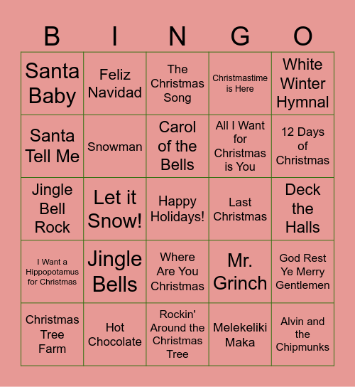 Holiday Music Bingo! Bingo Card