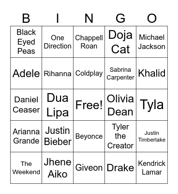 Musical Bingo Card