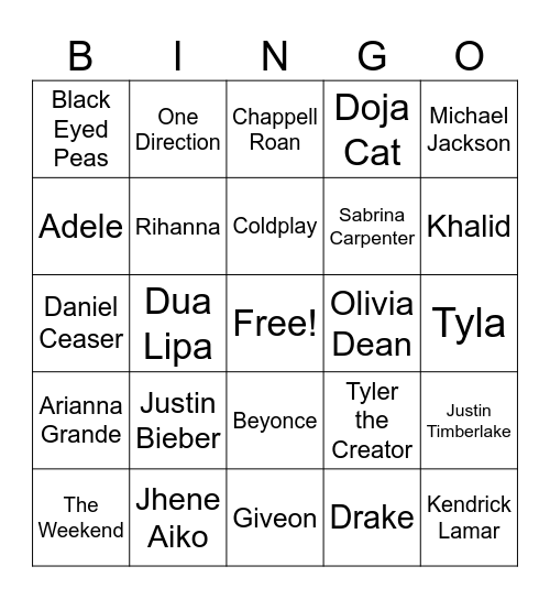 Musical Bingo Card
