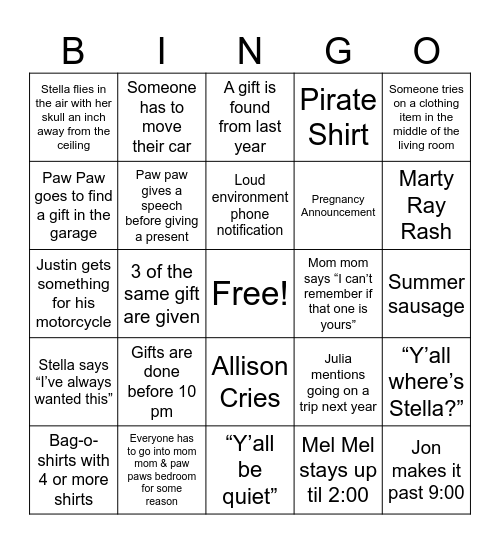 Mom Mom’s Christmas Bingo Card