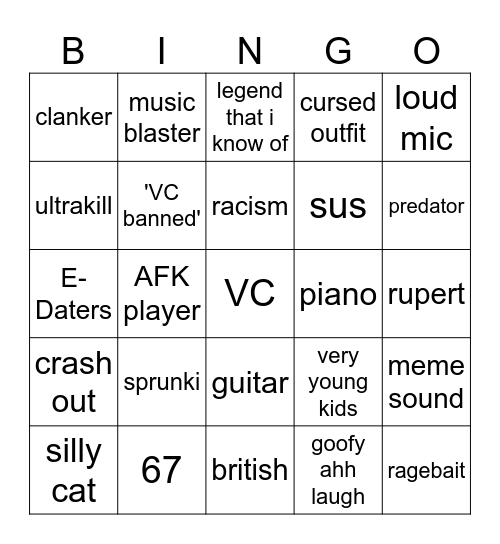 voice chat Bingo Card