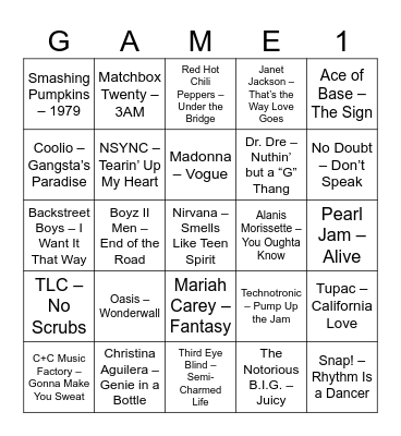 Music Bingo 90s Edition Bingo Card