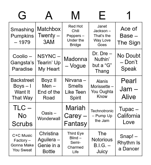 Music Bingo 90s Edition Bingo Card