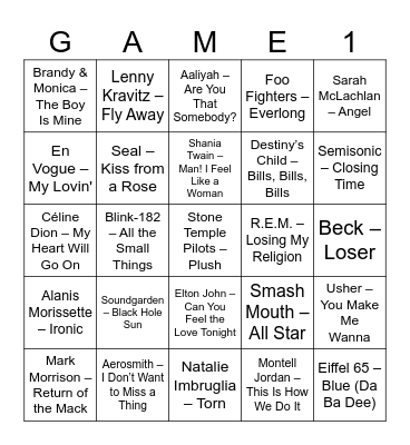 Music Bingo 90s Edition Bingo Card