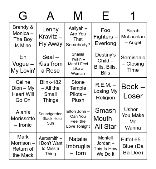 Music Bingo 90s Edition Bingo Card