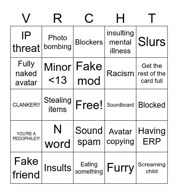 Vrchat bully bingo Card