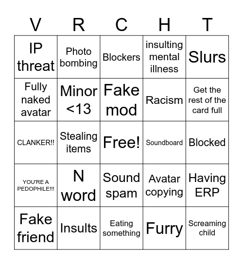 Vrchat bully bingo Card