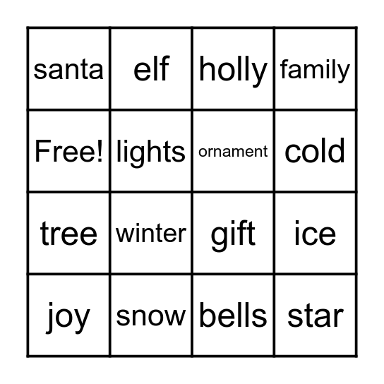 Winter Holiday Bingo Card