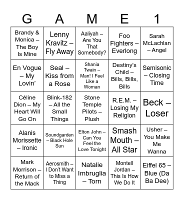 Music Bingo 90s Edition Bingo Card
