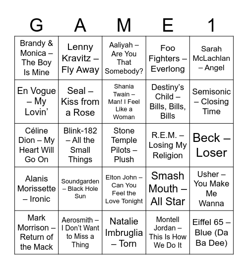 Music Bingo 90s Edition Bingo Card