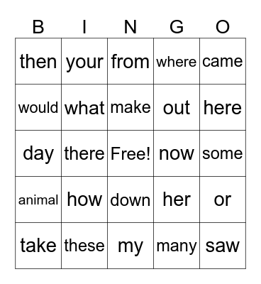 Jaheem Power Words Bingo Card