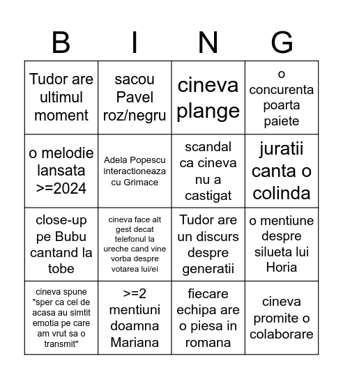 Vocea Romaniei - Finala 19.12.2025 Bingo Card