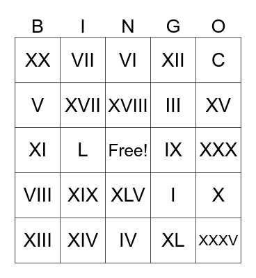 Roman Numerals Bingo Card