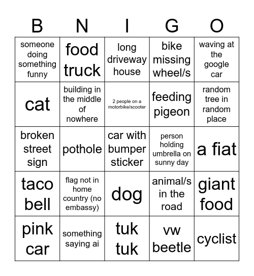 streetview Bingo Card