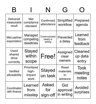 Accountability Bingo Card
