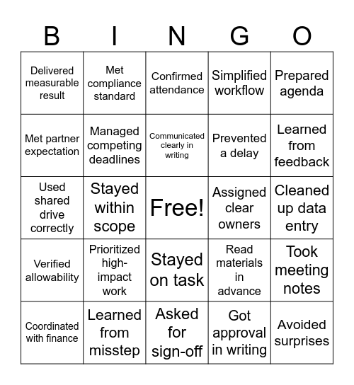 Accountability Bingo Card
