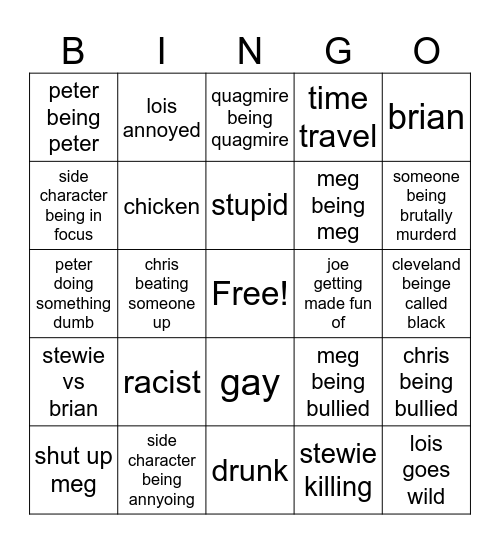 family guy Bingo Card