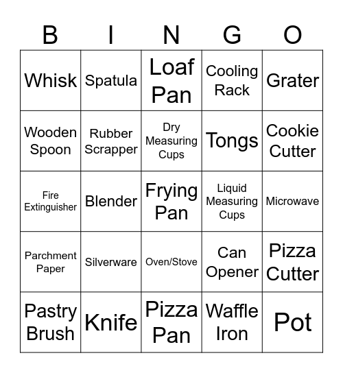 Kitchen Tools Bingo Card