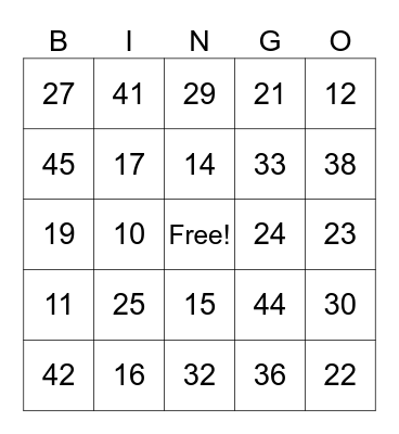Number Bingo Card