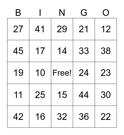 Number Bingo Card