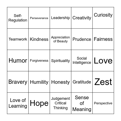Character Strenghts Bingo Card