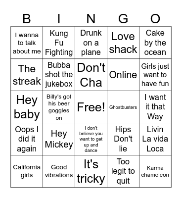 Cheesy Songs Bingo Card