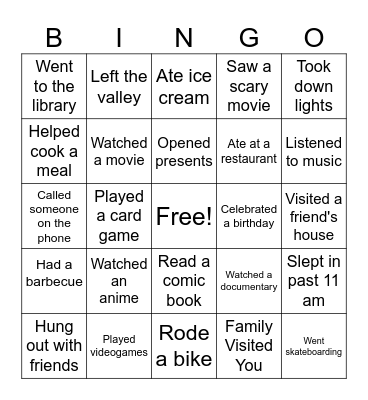 Winter Break Bingo Card