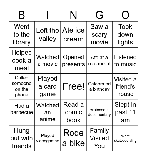 Winter Break Bingo Card