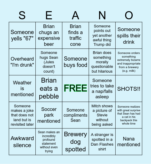 SEAN BEER BDAY "SEANO" BINGO Card