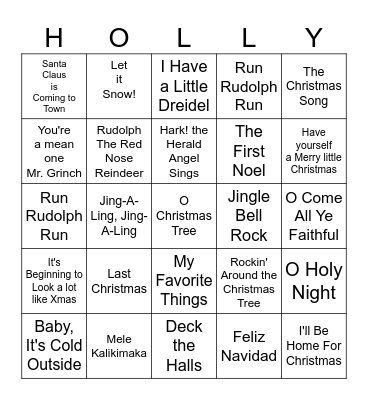 Holiday Song Bingo Card