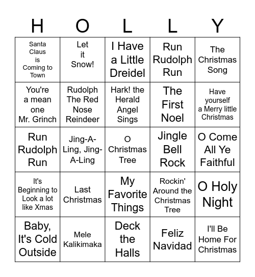 Holiday Song Bingo Card
