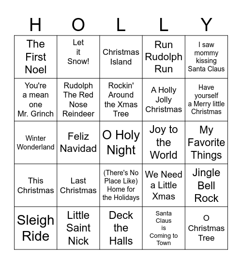 Holiday Song Bingo Card