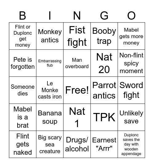 Pirate D&D bingo Card