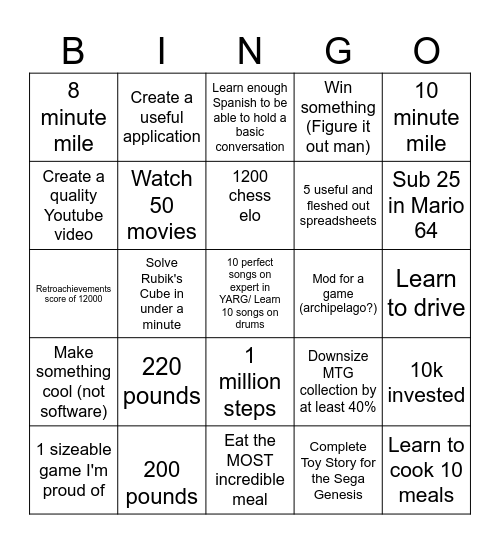 2026 to do Bingo Card