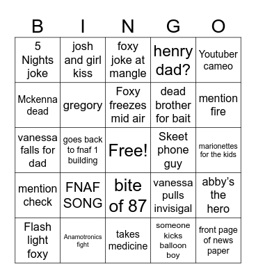 FNAF 2 Bingo Card