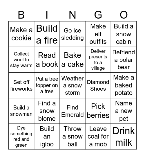 Minecraft Christmas Challenge Bingo Card