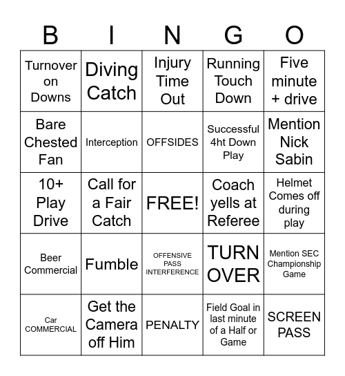 FOOTBALL Bingo Card