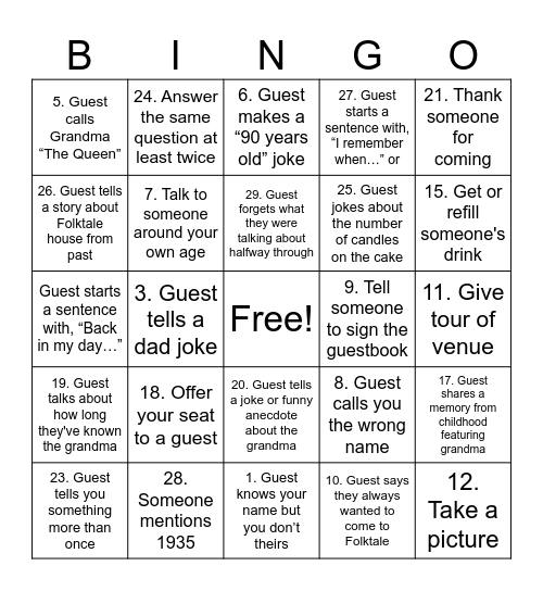 Grandma’s 90th Birthday Bingo Card