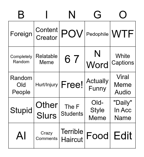instagram Bingo Card